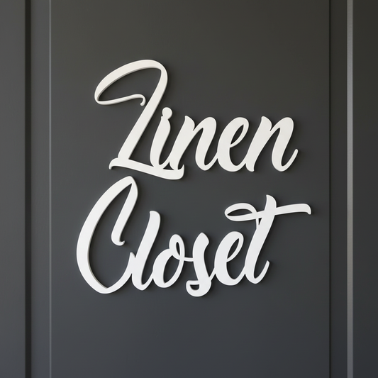 Linen Closet Sign White on Dark Door