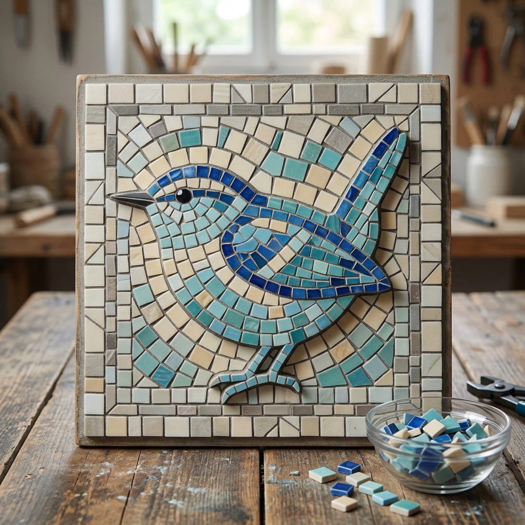 Little Wren mosaic artwork on a backing board