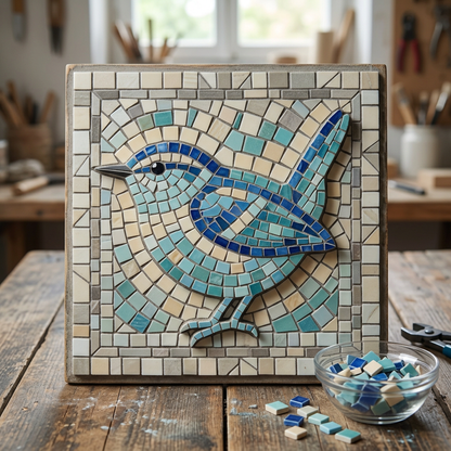 Little Wren mosaic artwork on a backing board