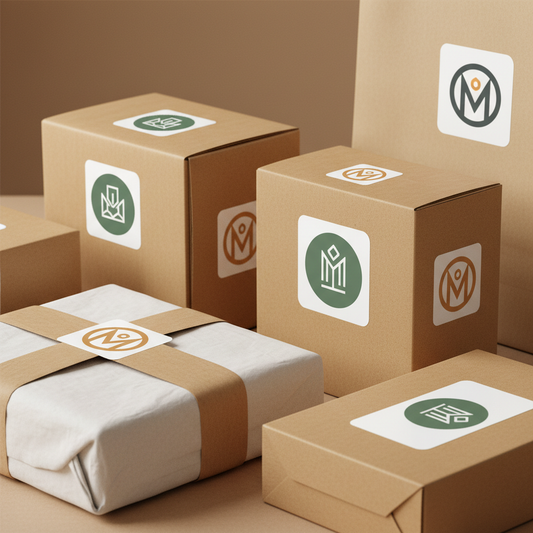 Logo stickers on branded packaging