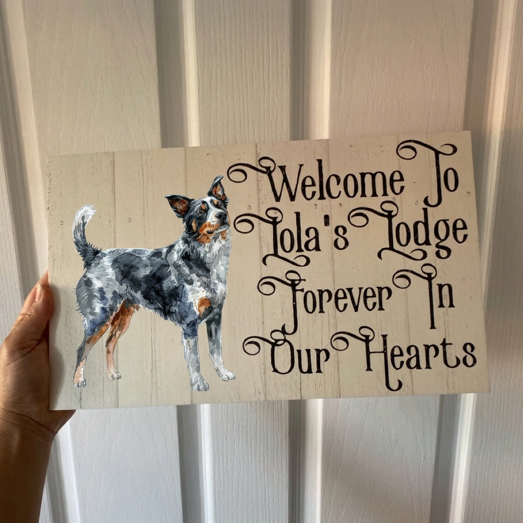 Lola’s Lodge sign with cattle dog artwork