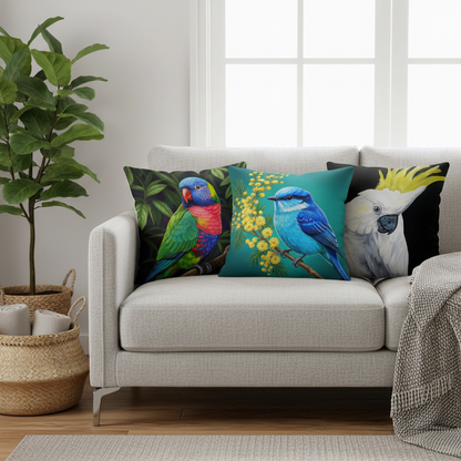 Lorikeet Fairy-wren Cockatoo cushions — grey sofa lifestyle