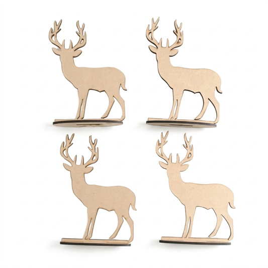 Main feature image of four raw MDF stags with stands on white