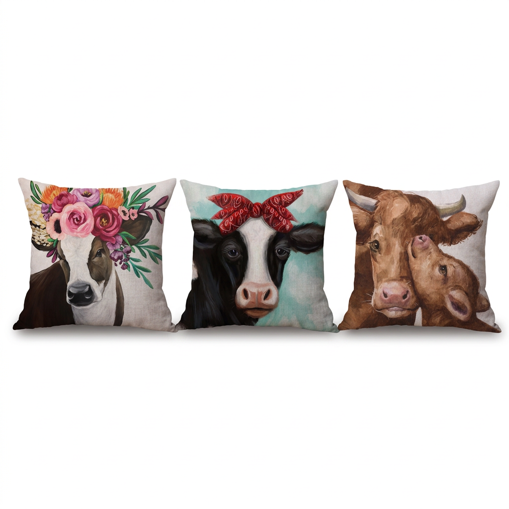Main image preview with three cow cushions side by side, spaced apart without overlapping