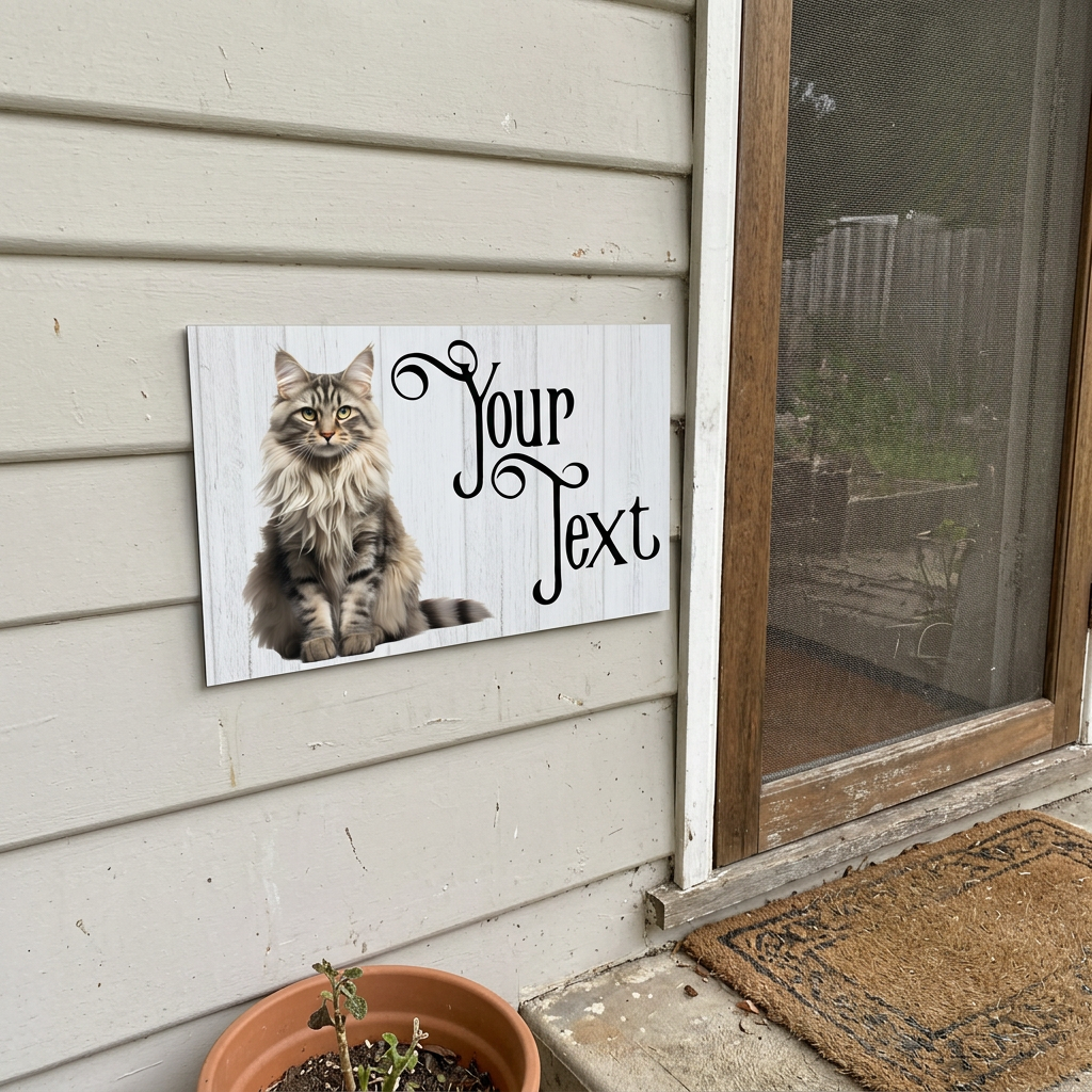 Maine Coon Your Text plaque beside an everyday back door