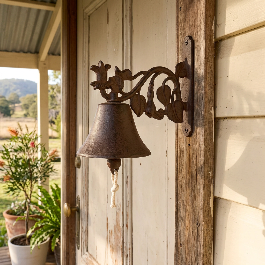 Maple leaf cast iron doorbell at a cottage doorway