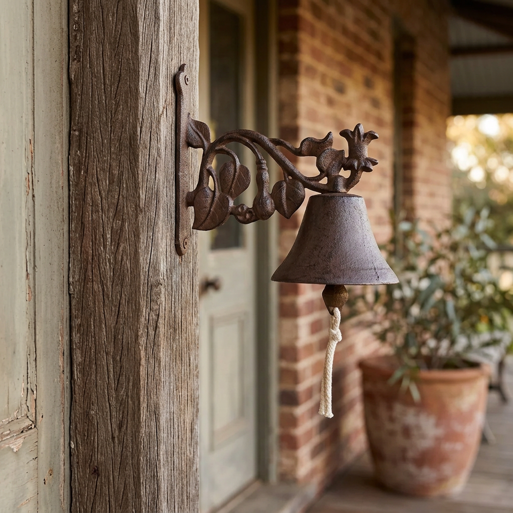 Maple leaf cast iron doorbell on a farmhouse verandah