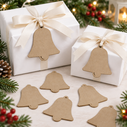 MDF bell tags with modern Christmas gift wrapping