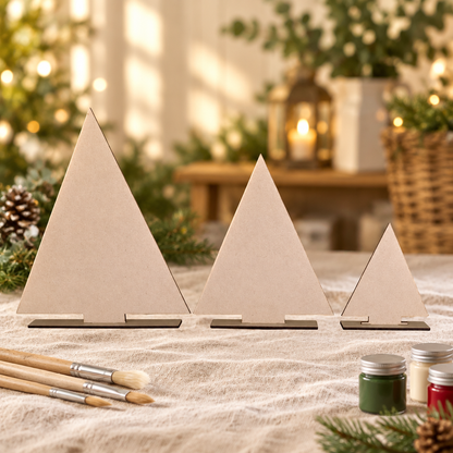 MDF Christmas tree set on a rustic craft table