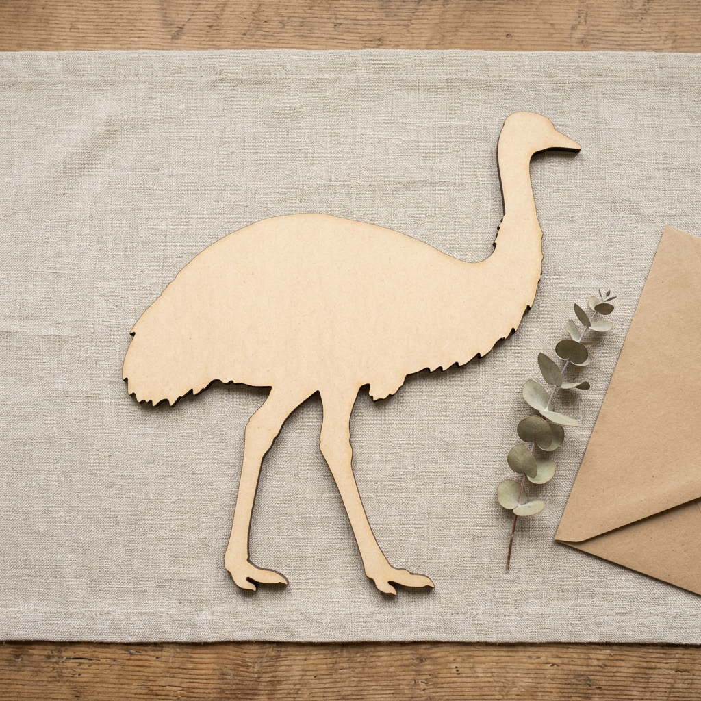 MDF emu in a simple cottage setting with eucalyptus