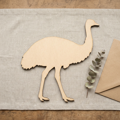 MDF emu in a simple cottage setting with eucalyptus