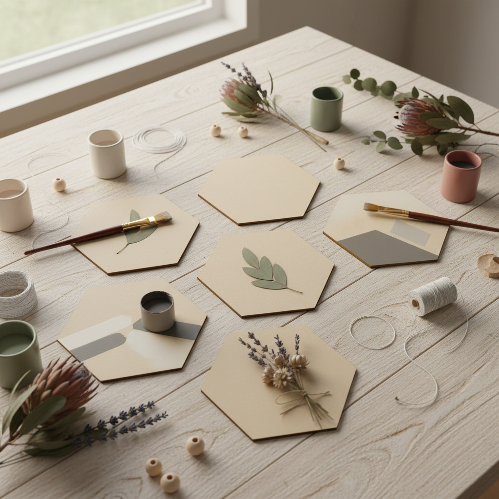 MDF hexagons being decorated on a farmhouse craft table