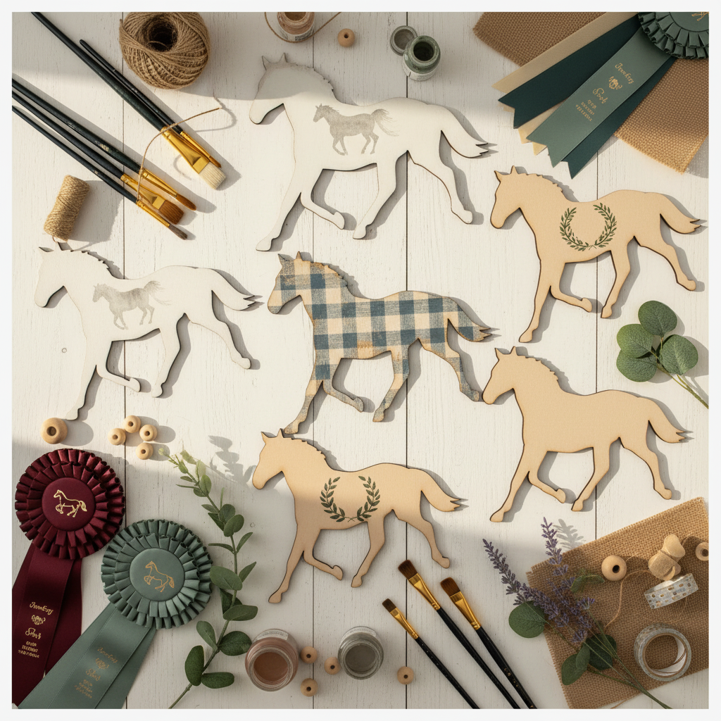 MDF running horse shapes on a farmhouse craft table