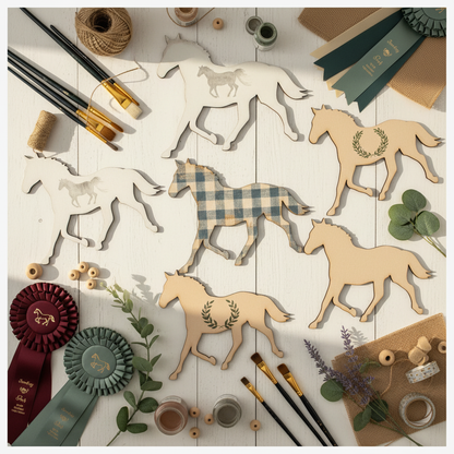 MDF running horse shapes on a farmhouse craft table