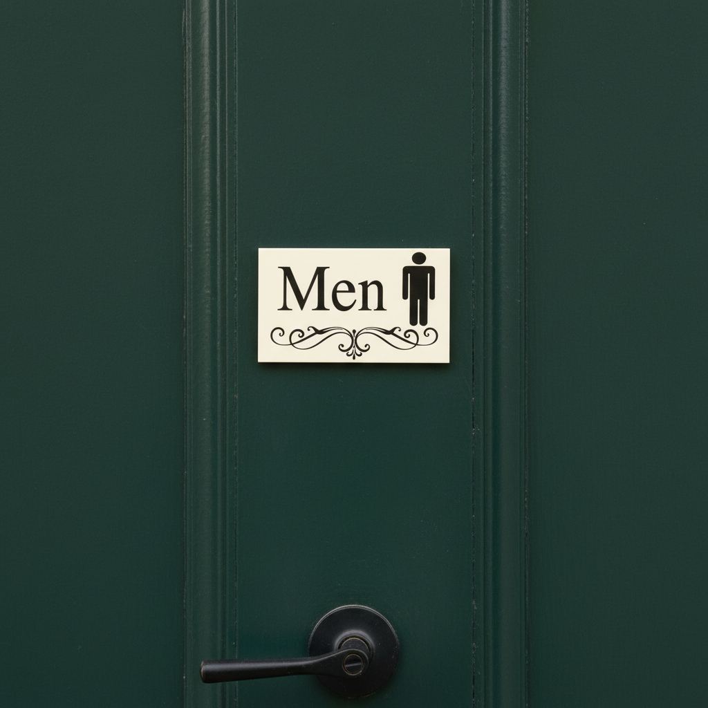 Men vintage scroll cream sign on a closed dark green restaurant door