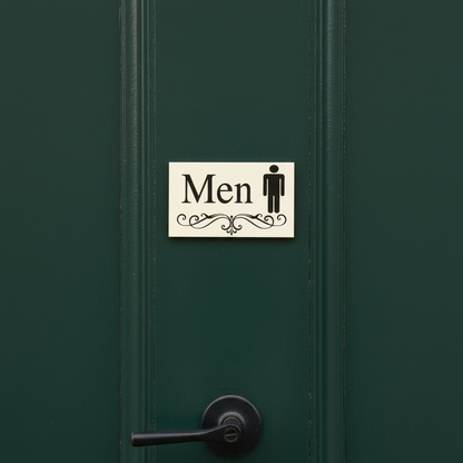 Men vintage scroll cream sign on a closed dark green restaurant door