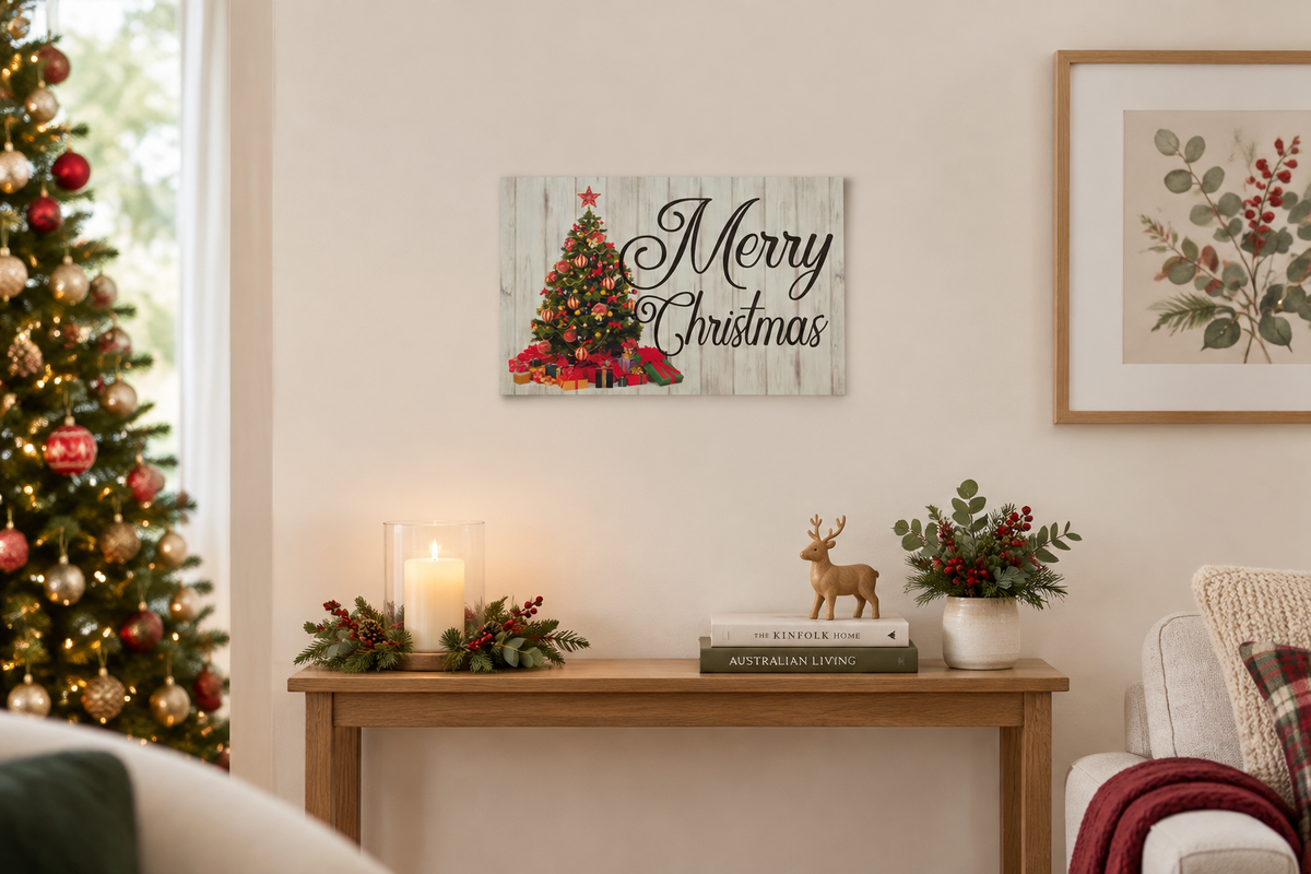 Merry Christmas tree sign at a smaller scale above a console