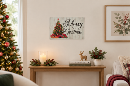 Merry Christmas tree sign at a smaller scale above a console