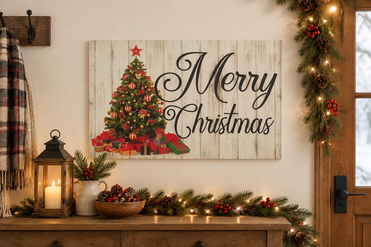 Merry Christmas tree sign in a farmhouse entryway