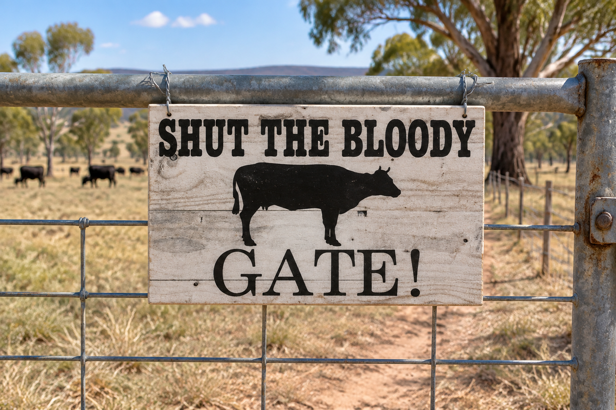 Metal farm gate, hanging with wire