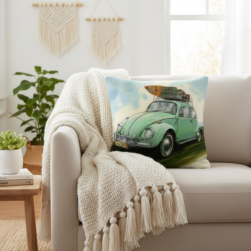 Mint Beetle road trip cushion — sofa lifestyle