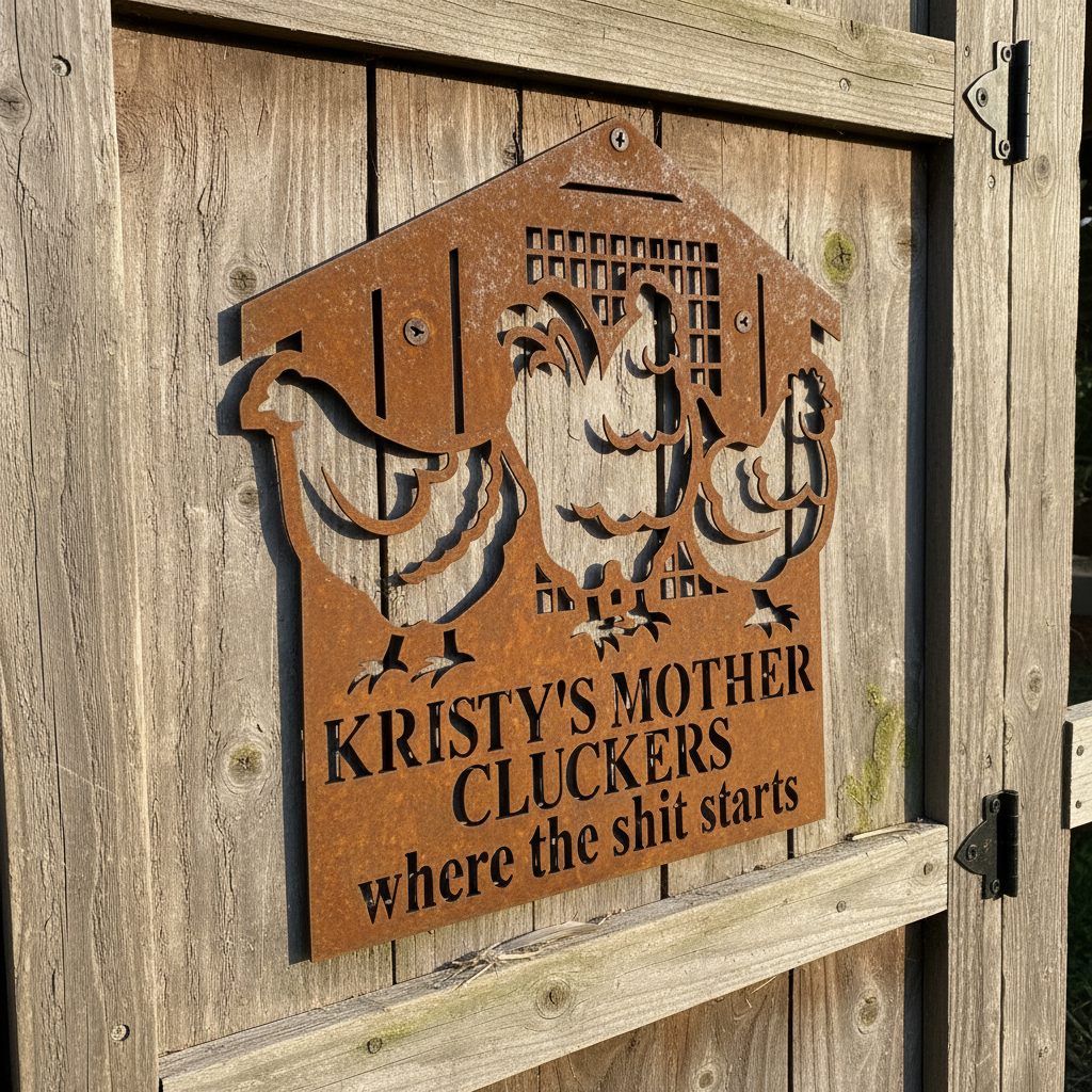 Mother Cluckers Rusty Corten Sign on Chicken Coop