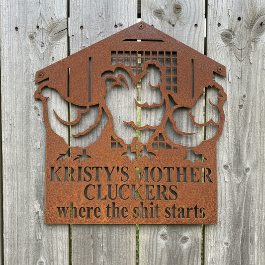 Mother Cluckers Sign on Barn Door — Straight On