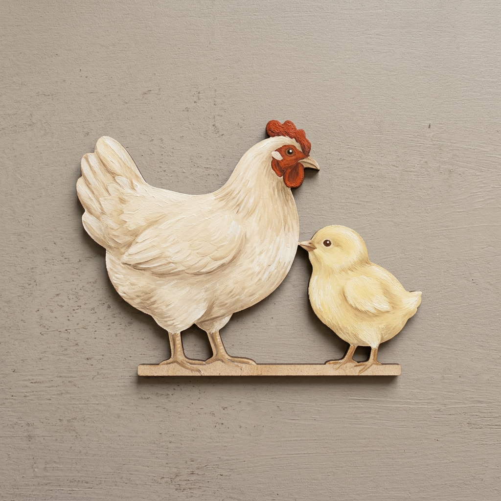 Mother hen and chick painted cream and yellow