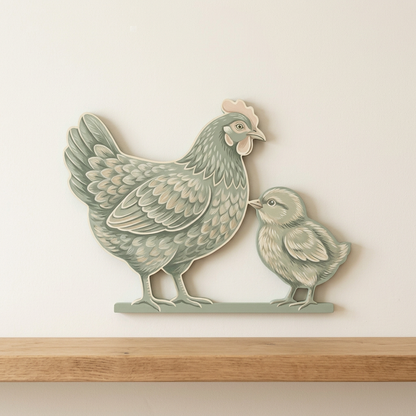 Mother hen and chick used as farmhouse wall decor