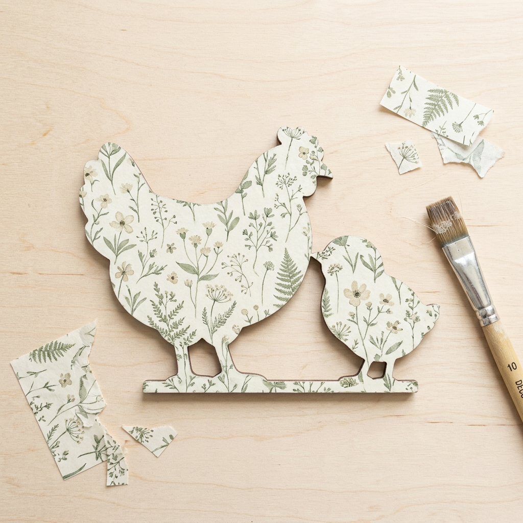 Mother hen and chick with botanical decoupage