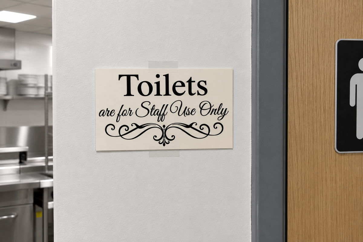 Mounted flat on office/kitchen wall beside restroom door