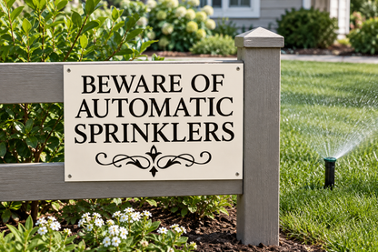Mounted on low garden fence near sprinkler