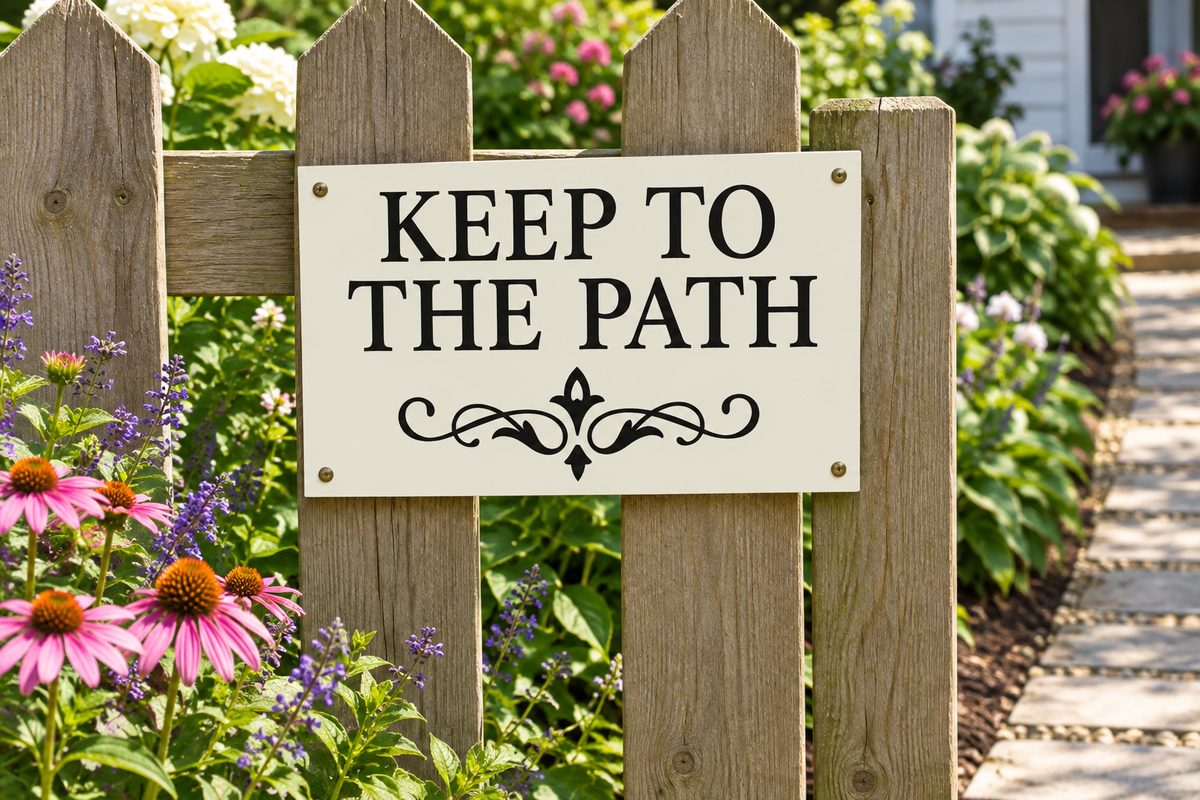 Mounted on timber picket fence beside path