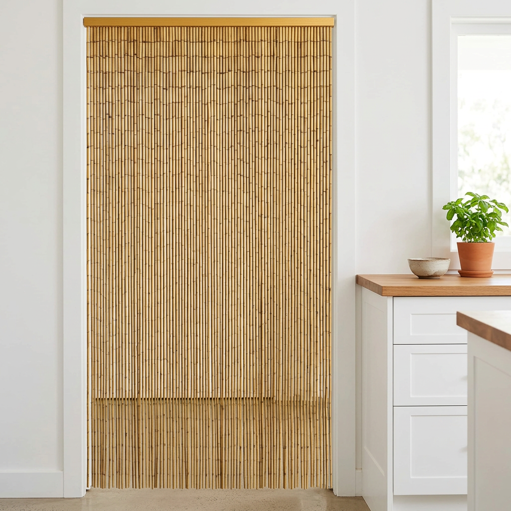 Natural bamboo curtain in a bright coastal kitchen doorway