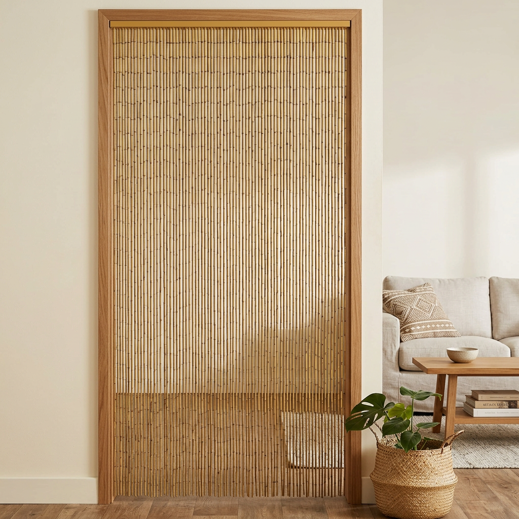 Natural bamboo curtain in a cosy bohemian living room doorway