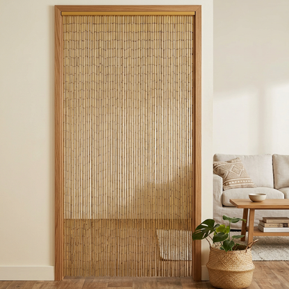 Natural bamboo curtain in a cosy bohemian living room doorway