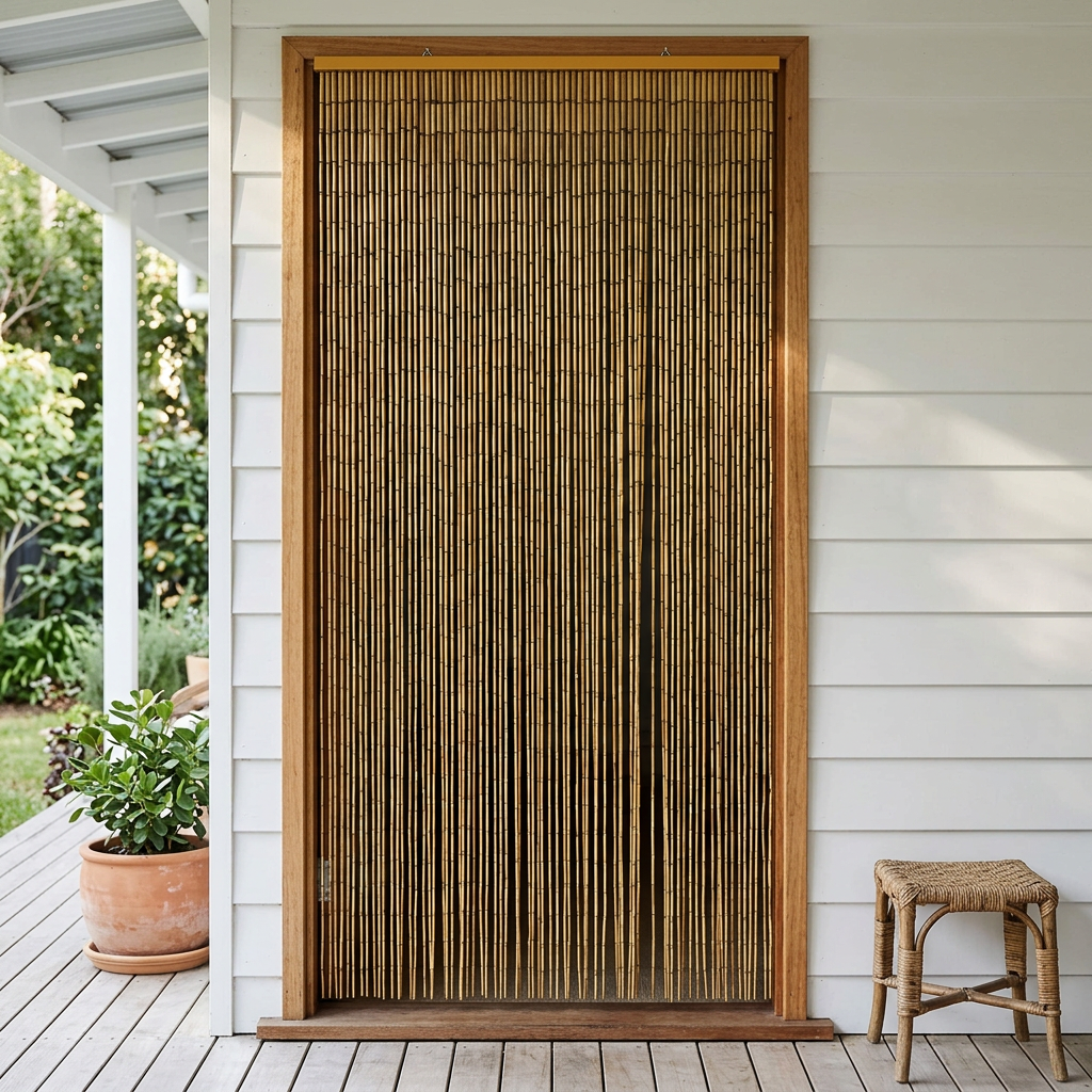Natural bamboo curtain on a sheltered garden veranda
