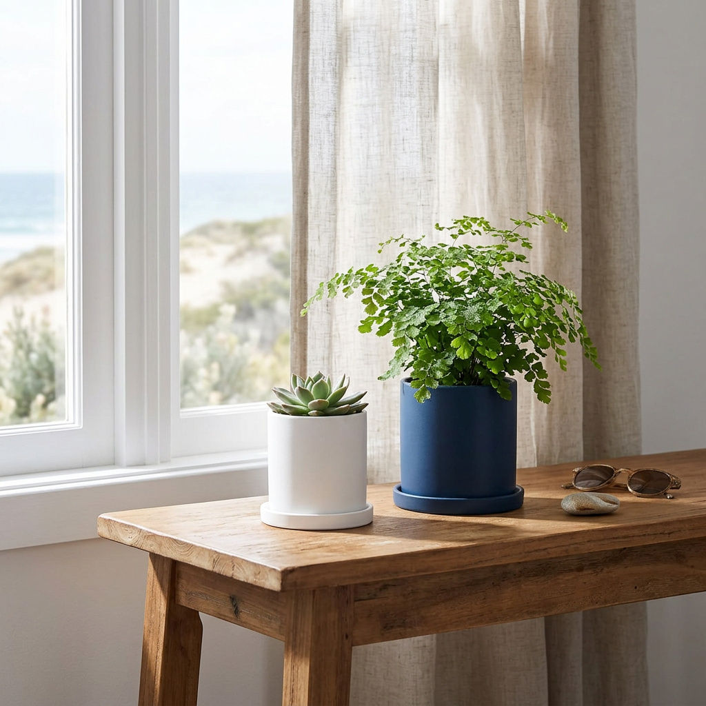 Navy and white ceramic planters in a coastal home
