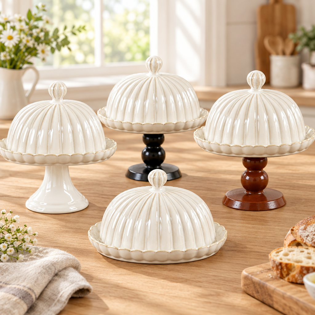 No-pedestal butter dish in front with white, black and brown pedestal versions behind