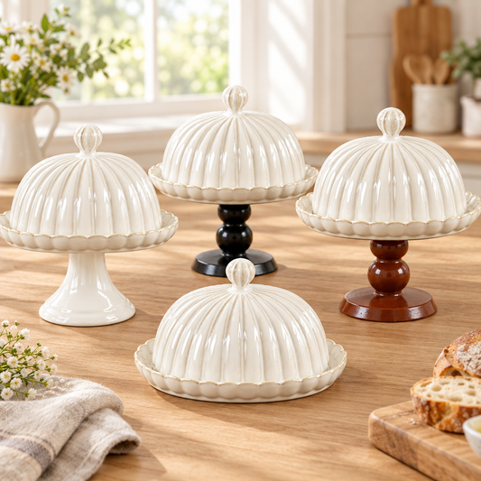 No-pedestal butter dish in front with white, black and brown pedestal versions behind