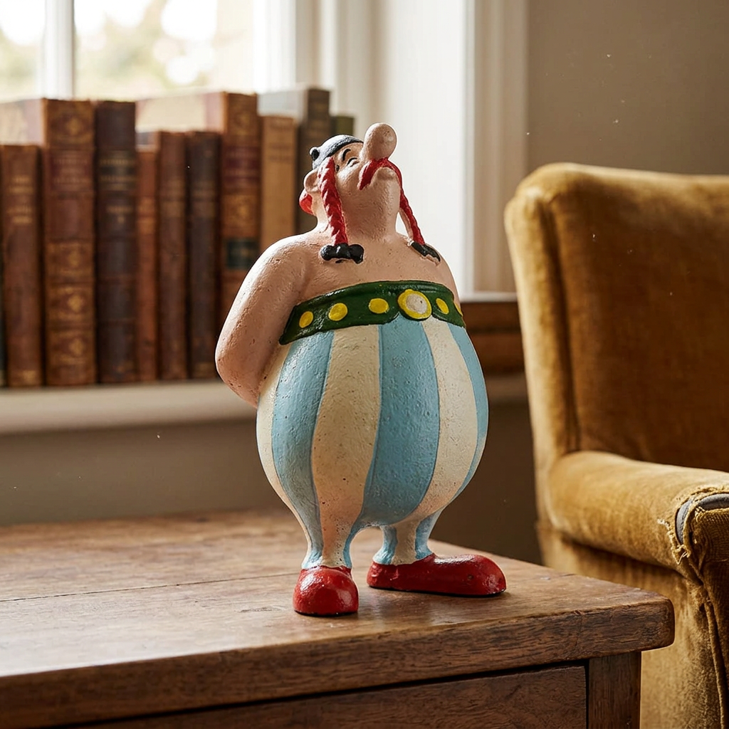Obelix cast iron ornament on a retro sideboard
