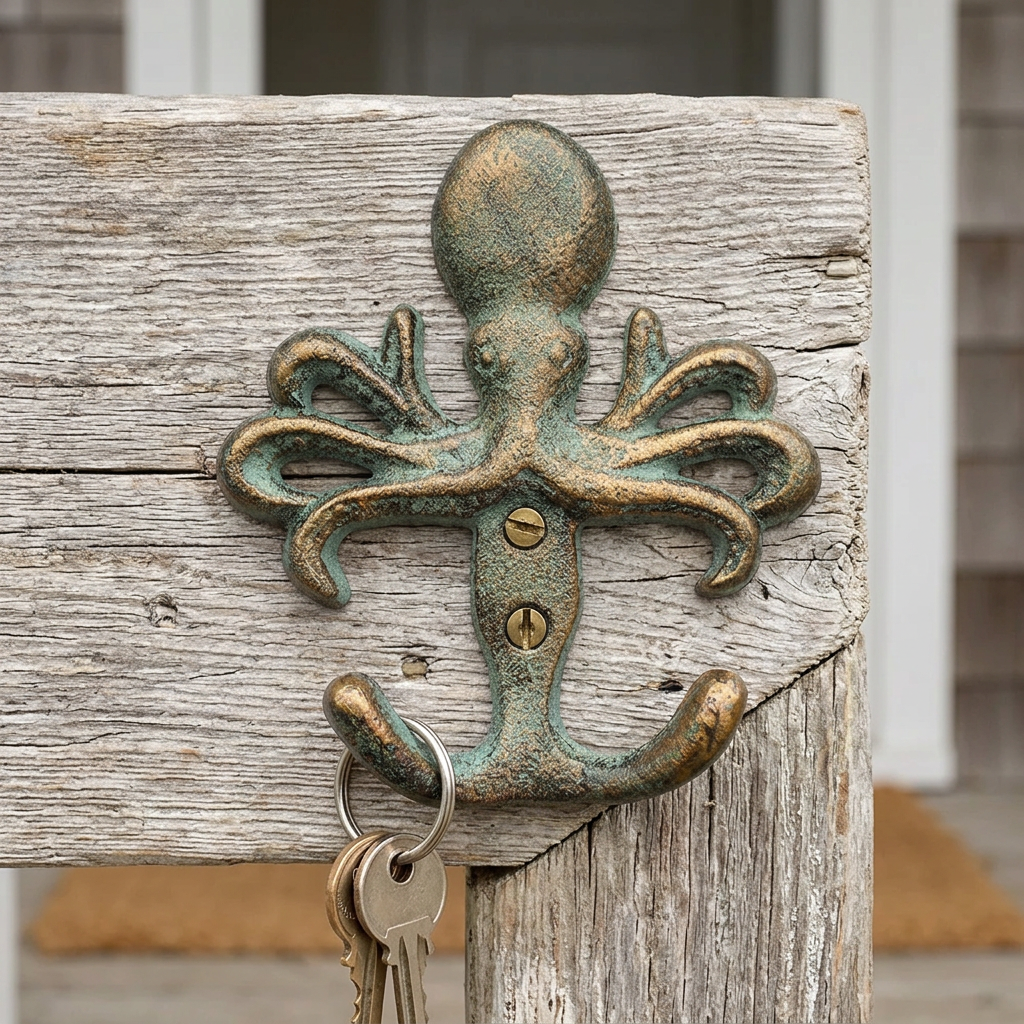 Octopus cast iron double hook holding keys at a cottage entrance