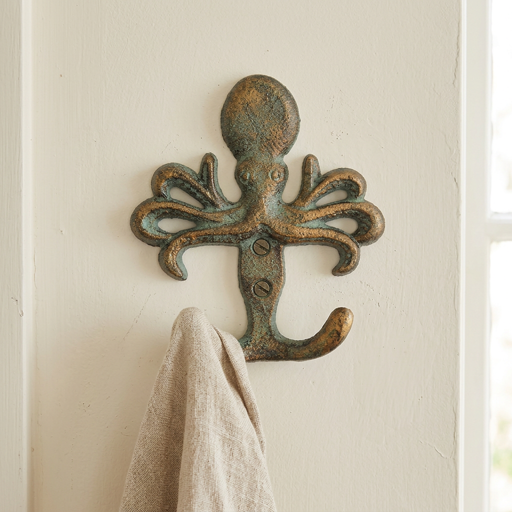 Octopus cast iron double hook in a coastal bathroom