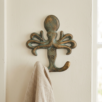 Octopus cast iron double hook in a coastal bathroom