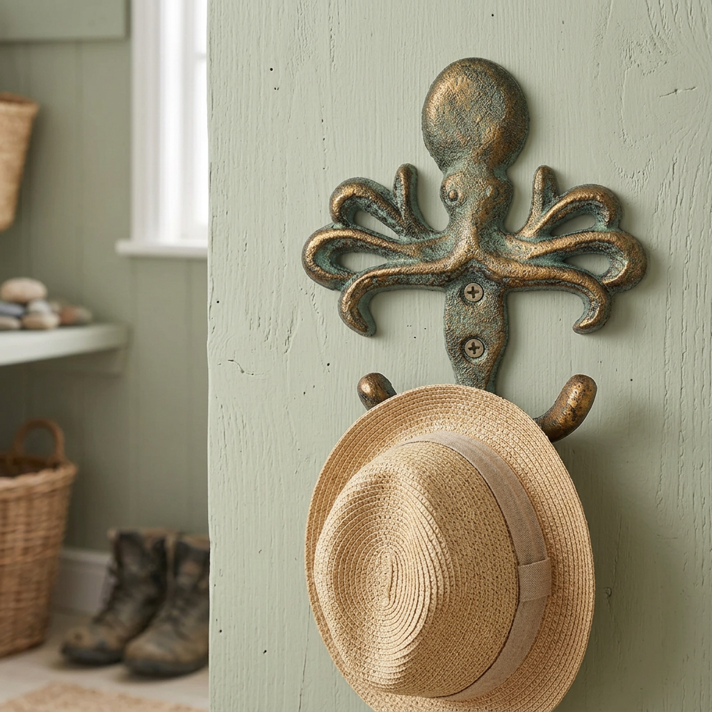 Octopus cast iron double hook in a coastal mudroom