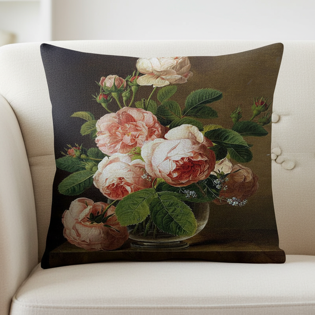 Oil painting cushion — close-up blush roses