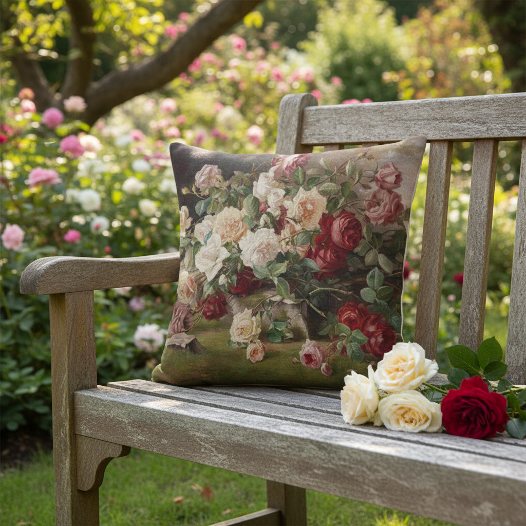 Oil painting cushion — cottage garden bench lifestyle