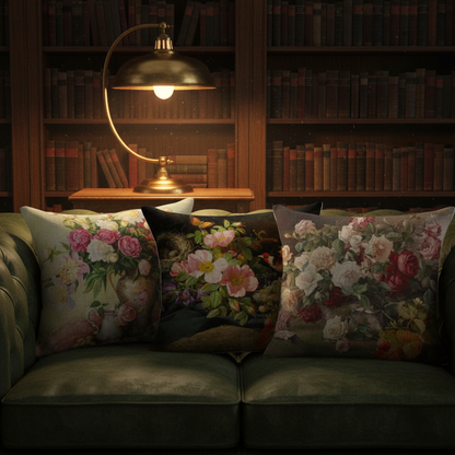 Oil painting cushion — moody library chesterfield lifestyle