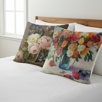 Oil painting cushion — romantic bedroom lifestyle