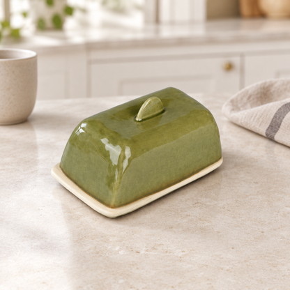 Olive green butter dish in a modern kitchen